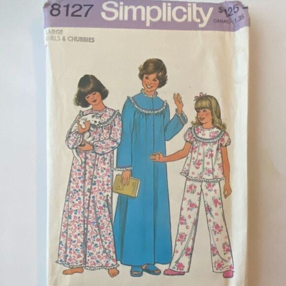 Simplicity 8127 Pattern Pajama Nightgown Robe Girls & Chubbies Large Vintage - Picture 2 of 6